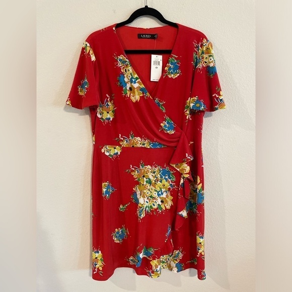 Lauren Ralph Lauren Women’s Midi Faux Wrap Dress Size 16 Red Floral Contemporary - Picture 6 of 16